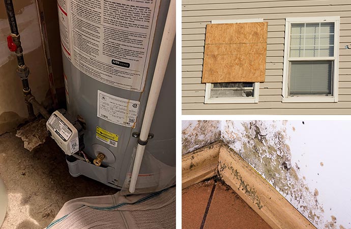appliance leak cleanup, fire board-up, structural repair, and mold remediation in progress