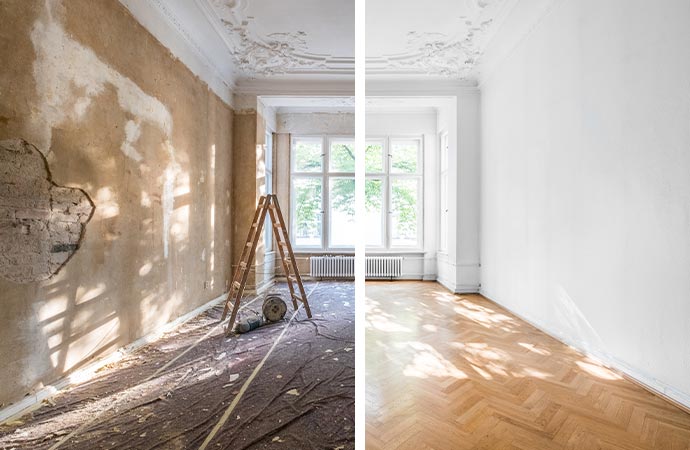 Collage comparing a water-damaged space with a clean and dry space