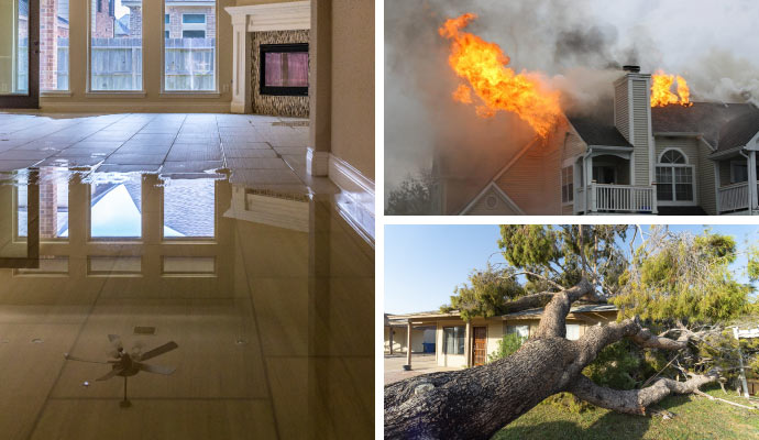 collage of water, fire, storm damage restoration