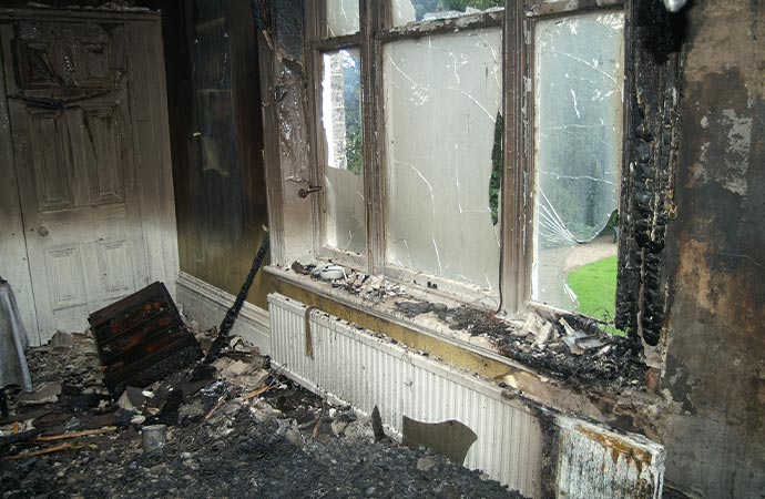 A fire and smoke damaged room